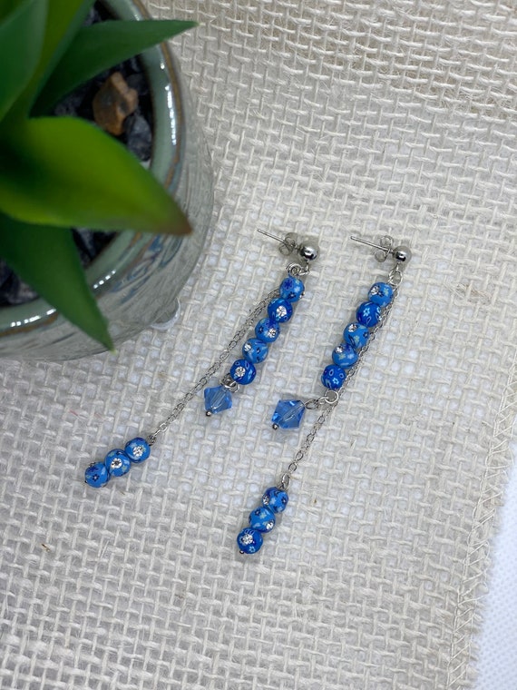 Blue and Silver w/Chains Posts Earrings