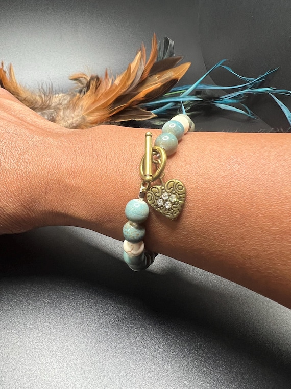 Heart Charm Bracelet, Natural Stone, Bronze Charm, Boho Style, Charm Bracelets for Women, Special Gift