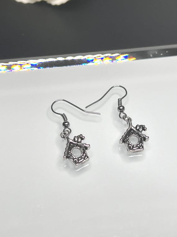 Birdhouse Charm Earrings, Pewter Charm Earrings, Small Birdhouse Earrings, Birdhouse Charm Jewelry, Gift for Her