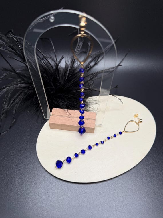 Blue and Gold Beaded Elegant Long Earrings, Blue Long Crystal Earrings, Bridal Jewelry, Blue Beaded Long Earrings