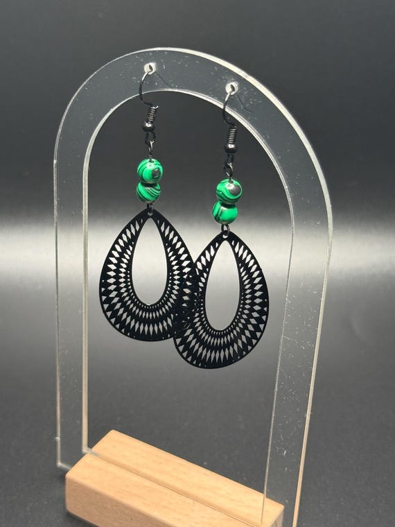 Green and Black Malachite Open Black Hoop Earrings