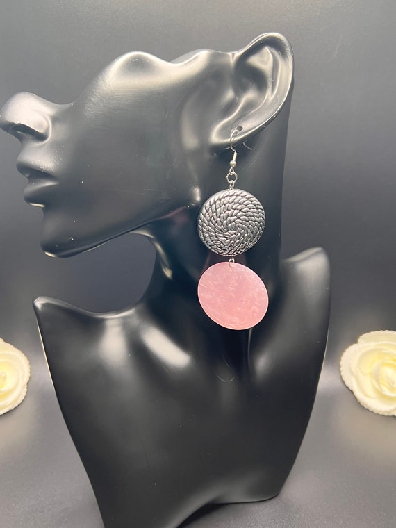 Pink Earrings, Pink Statement Earrings, Silver Medallion, Statement Jewelry, Fashion Earrings, Gift for Her