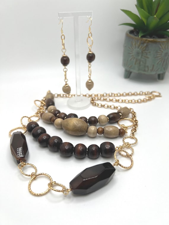 Necklace Set with Wood and Glass, Trendy Jewelry Set, Beautiful Pendant, Unique Gifts, Charming Jewelry, Boho Chic