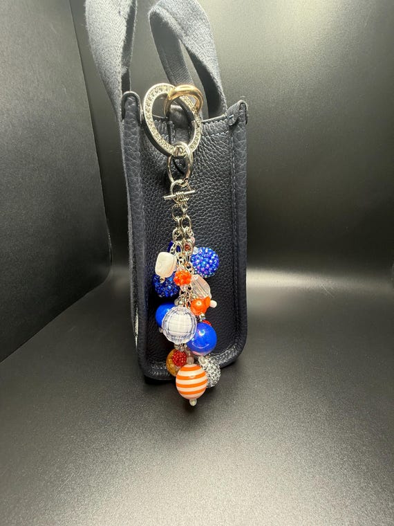 Blue Orange Silver Team Color Beaded Keychain with Bling O Ring