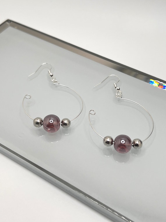 Purple and Silver Open Hoops, Silver Hoops, Purple Hoops, Avant Garde Jewelry, Handmade Jewelry, Women's Accessories