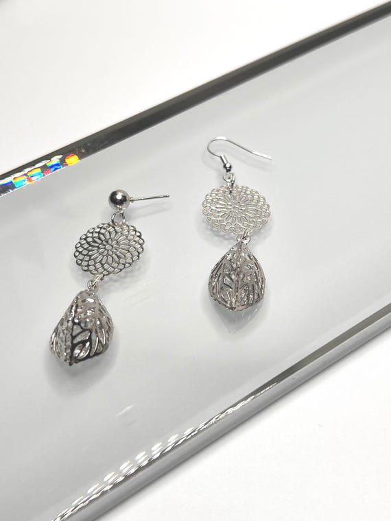 Silver Leaf Charm Earrings, Silver Medallion Earrings, Avante Garde Jewelry, Silver Earrings, Unique Gifts