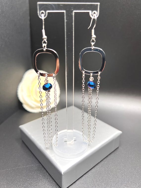 Blue and Silver Hoops Earrings