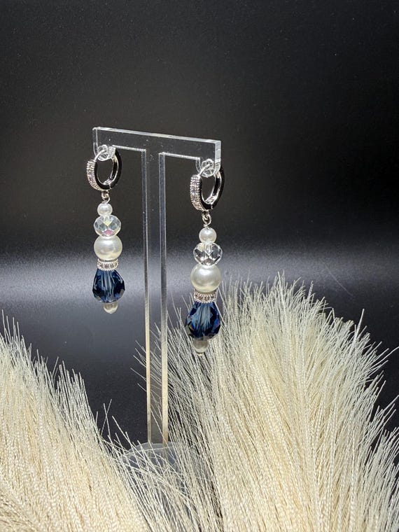 Silver and Blue Crystal Hoop Elegant Earrings