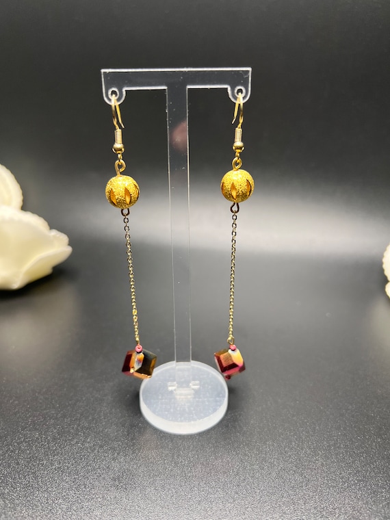 Gold Dangle Earrings, Elegant Bridal Jewelry, Gold Beaded Earrings, Cube Beaded Earrings, Prom Jewelry