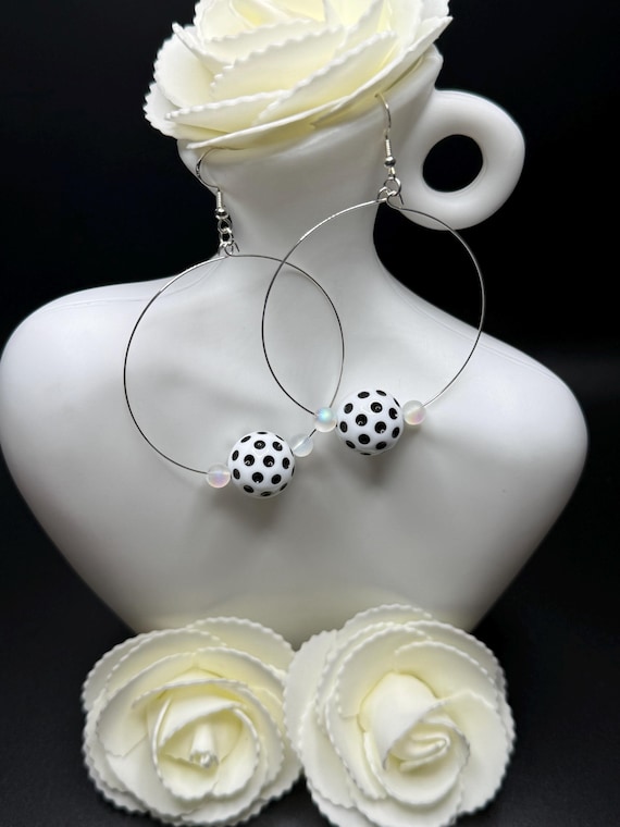 White and Black Polka Dots Gumball Beaded Silver Hoop Earrings