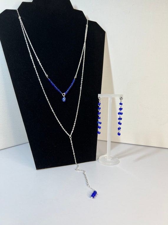 Royal Blue Necklace and Earring Set, Silver Jewelry Set, Long Beaded Necklace, Blue and Silver Accessory, Gift