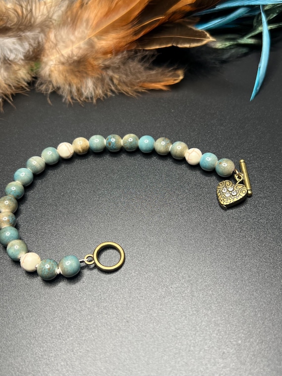 Heart Charm Bracelet, Natural Stone, Bronze Charm, Boho Style, Charm Bracelets for Women, Special Gift