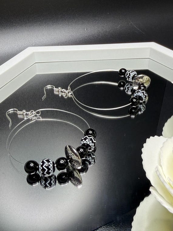 Black White Silver Beaded Hoop Earrings