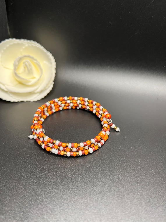 Beaded Coil Wrap Bracelet, Orange Beaded Bracelet, Brown and Orange Beads, Stackable Bracelet, Handmade Gift