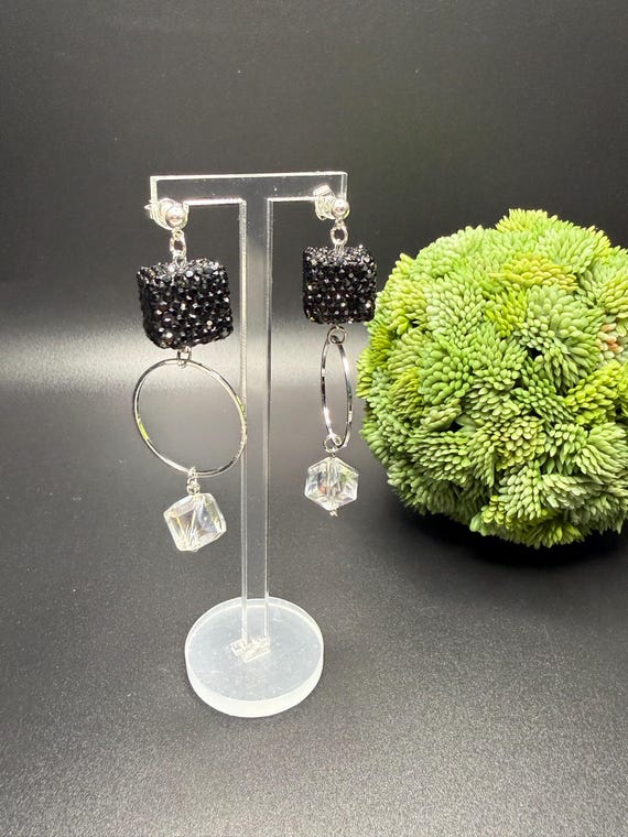 Black Square and Silver Hoop Earrings