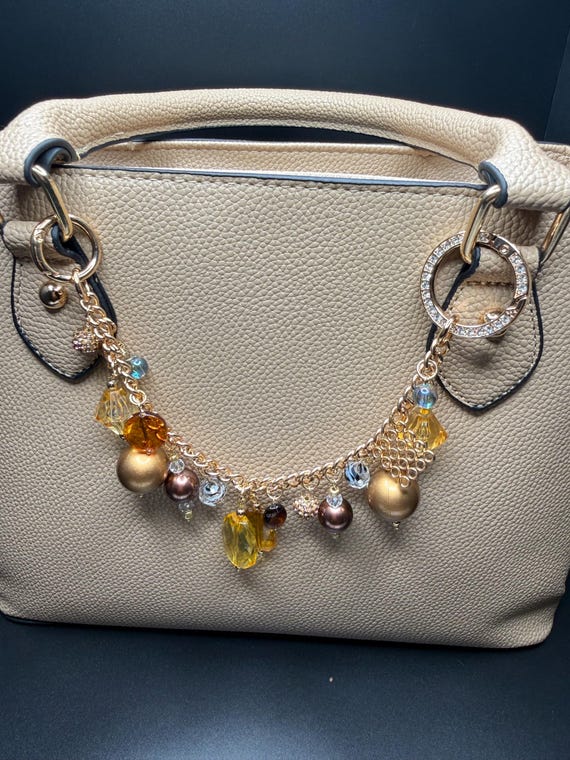 Bronze and Gold Beaded Purse Charm Bracelet with Bling O Ring