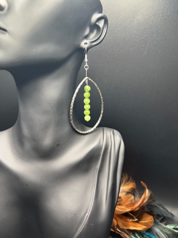 Pewter and Green Hoop Earrings, Pewter Earrings, Green Hoop Earrings, Oval Hoops, Boho Jewelry, Modern Jewelry