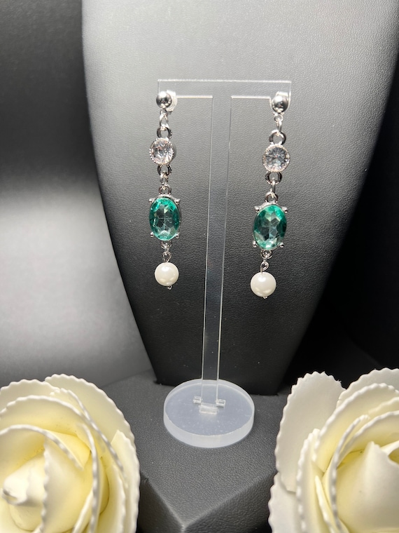 Elegant Teal Stone and White Pearl Post Earrings