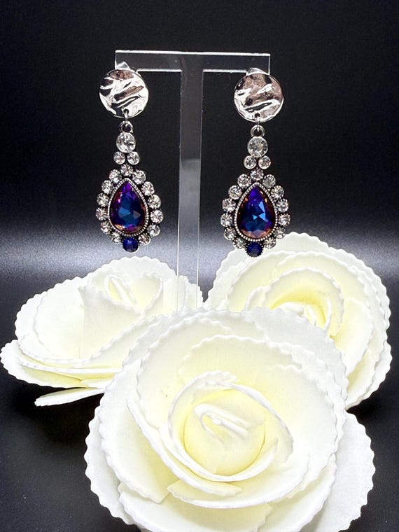 Blue Iridecesent Silver Elegant Bling Drop Earrings Posts