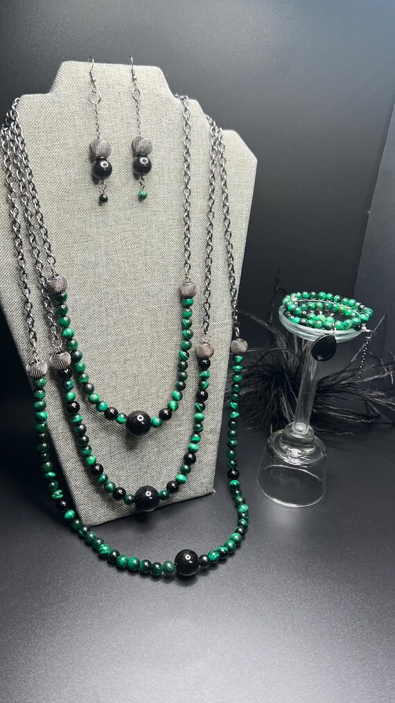 Green and Black Necklace Set, 3pc Necklace Set, Bracelet and Earring Set, Avant Garde Jewelry, Handmade Necklace Set