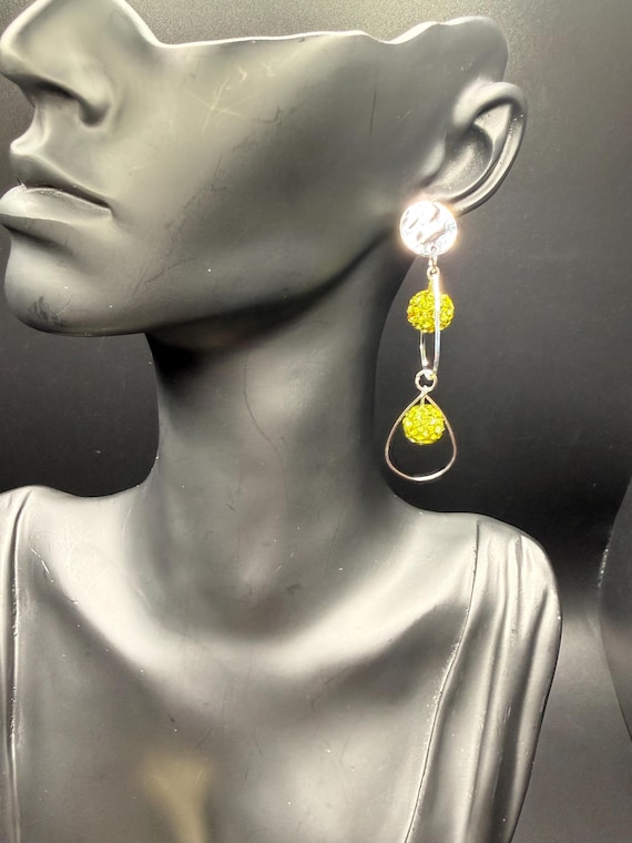 Green Beaded and Silver Teardrop Dangle Earrings with Disc Post