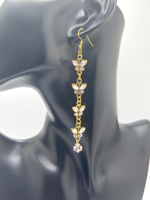 Butterfly Earrings in Gold, Long Dangle Earrings with Bling, Boho Earrings, Gold Butterfly Jewelry, Perfect Gift