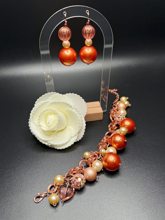 Copper Earring and Bracelet Set, Beaded Bracelet Set, Beaded Earrings, Boho Jewelry, Statement Jewelry, Gift for Her