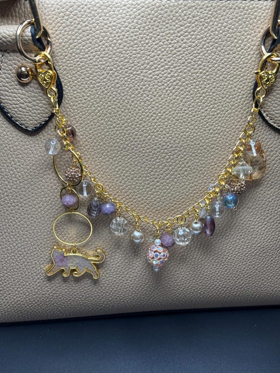 Cat Charm and Lavender Beaded Purse Bracelet with Heart Lobster Clasps