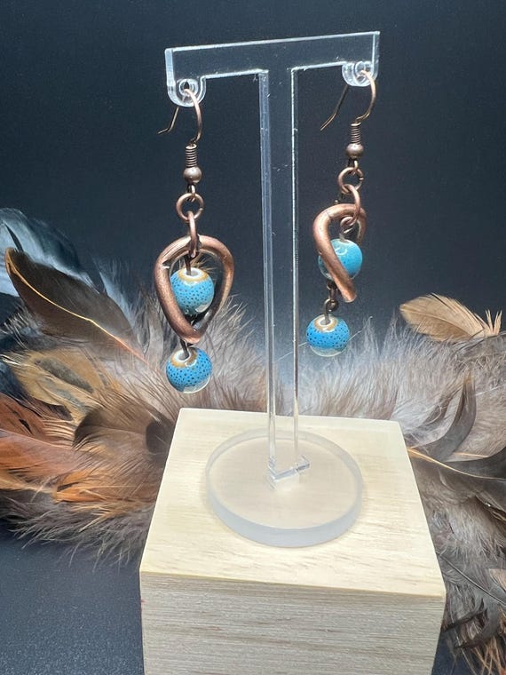 Blue Stone Bead Earrings, Copper and Stone Earrings, Boho Jewelry, Copper and Blue Stone Jewelry, Gift for Her