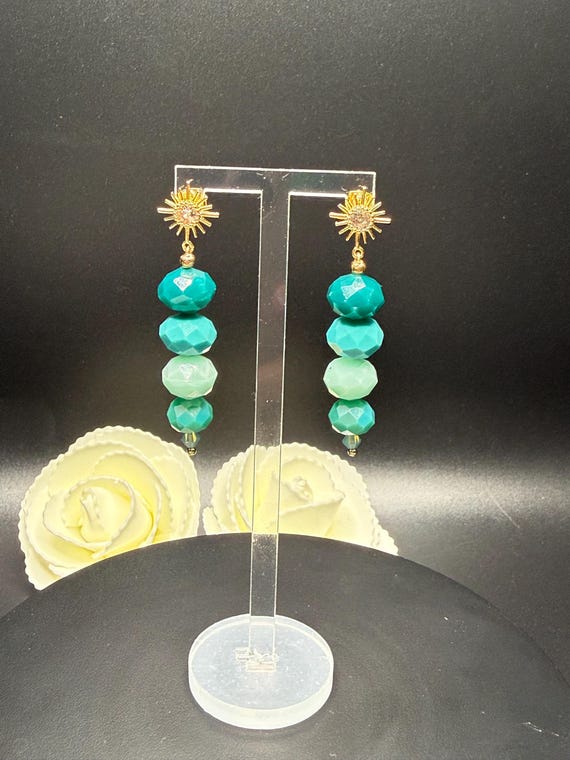 Multi Green Beaded Starburst Crystal Post Earrings