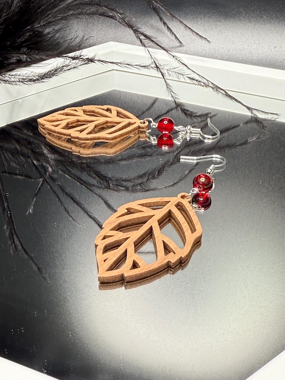 Red Beaded Wood Earrings, Wood Leaf Earrings, Leaf Wood Earrings, Statement Earrings, Unique Jewelry Gift