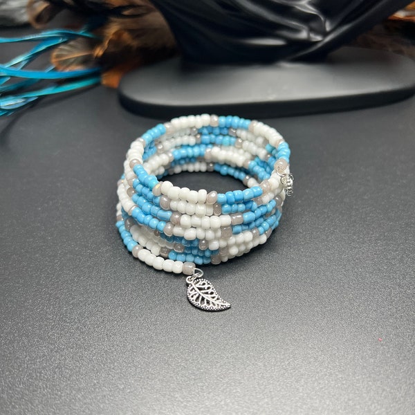 Blue White and Gray Beaded Coil Wrap Bracelet with Leaf Charm