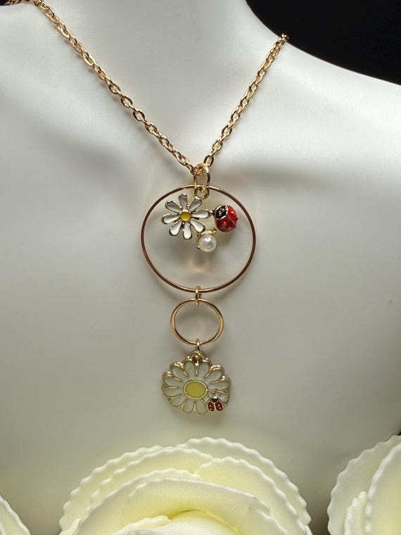 Ladybug and Daisy Charm Pendant Necklace