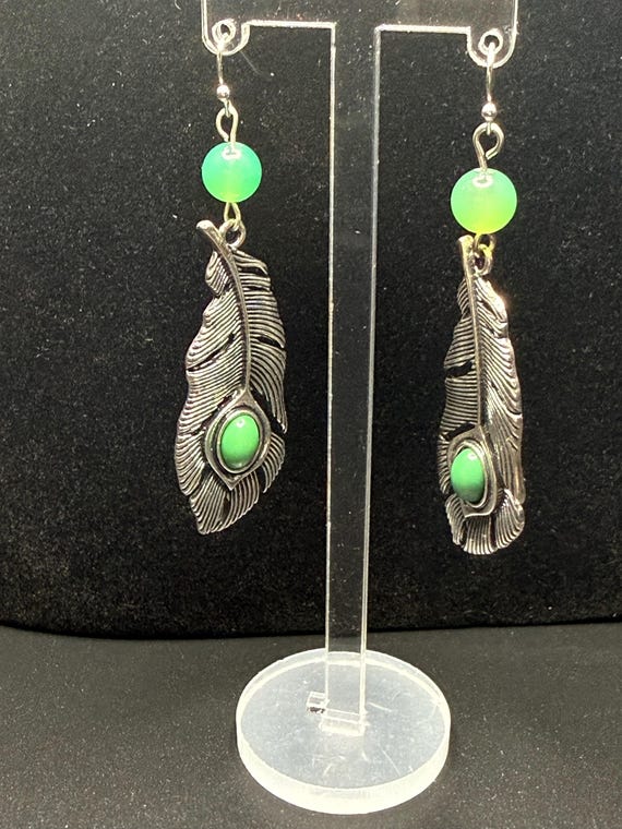 Silver Leaf Green Beaded Earrings