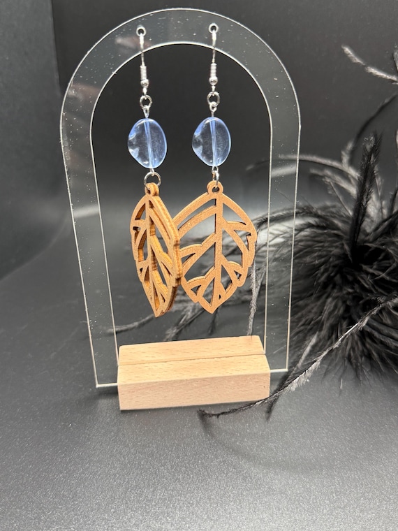 Blue Beaded Wood Earrings, Wood Leaf Earrings, Leaf Wood Earrings, Wood Earrings, Nature Inspired Jewelry