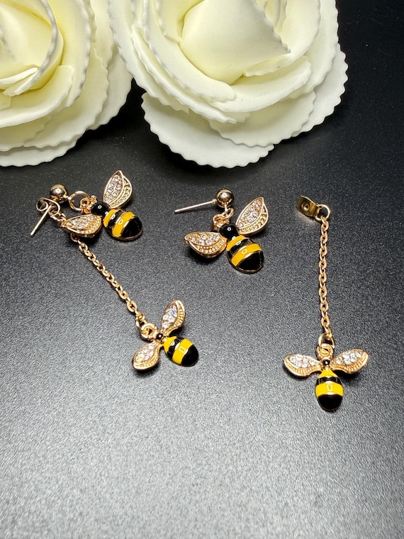 Bumble Bee Charm Earrings, crystal wing enamel bees, 2 piece post dangles