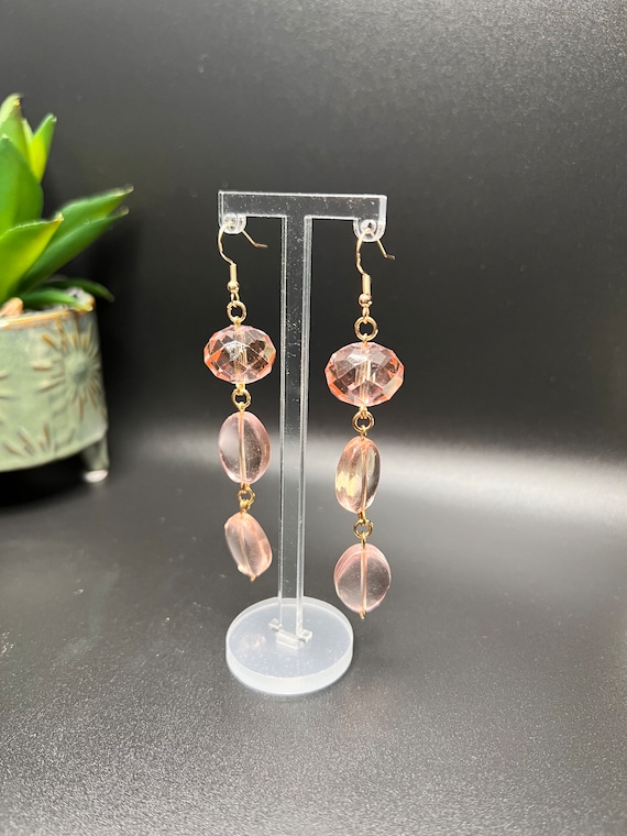 Handmade Pink Earrings, Triple Bead Drop Style, Glass Pink Earring Set, Unique Gift for Her, Fashion Earrings