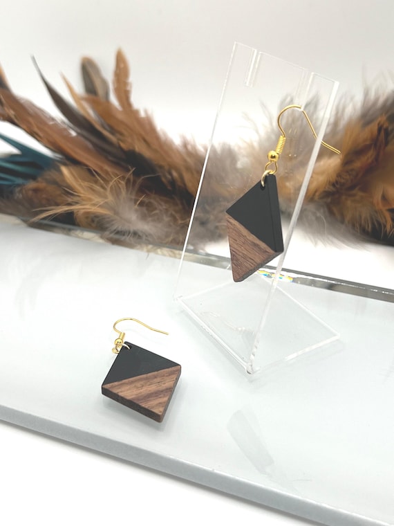 Black Wood Diamond Shape Earrings, Wood Earrings, Petite Wood Jewelry, Urban Jewelry, Boho Jewelry
