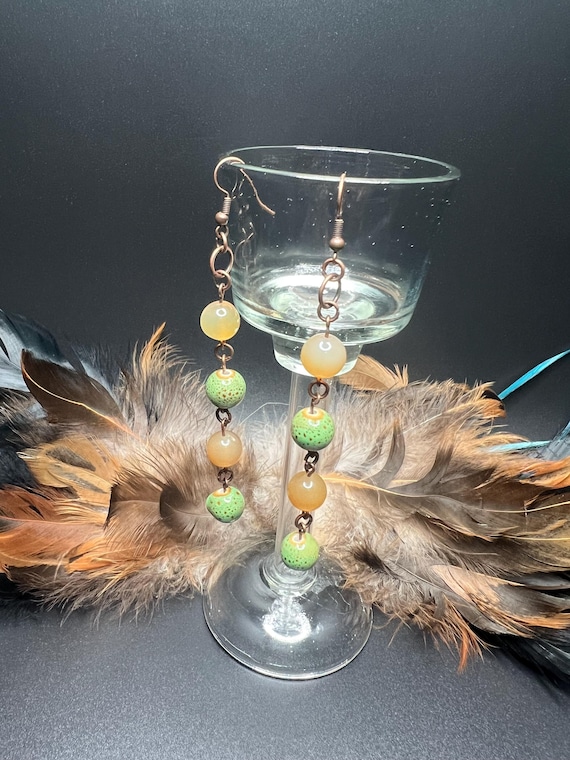 Green Stone Beaded Dangle Earrings, Green Stone and Copper Earrings, Boho Beaded Drop Earrings, Gift for Her