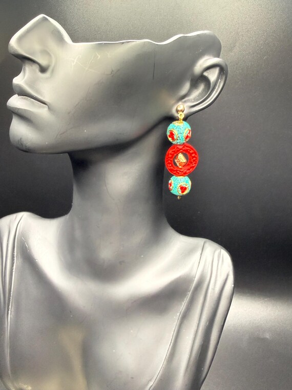Red and Teal Asian Style Beaded Dangle Post Earrings