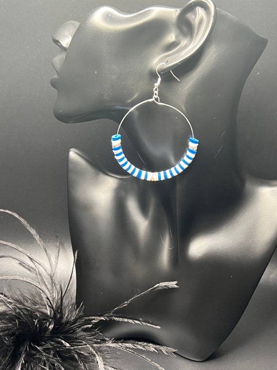 Heishi Beaded Hoop Earrings, Blue and White Heishi Earrings, Boho Earrings, Boho Hoops, Beach Inspired Jewelry