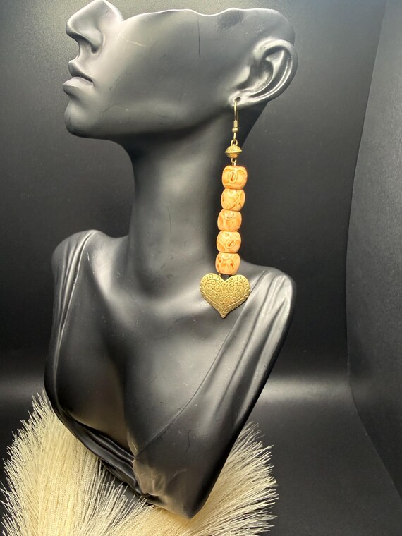 Brass Heart Pendant and Wood Beaded Dangle Earrings