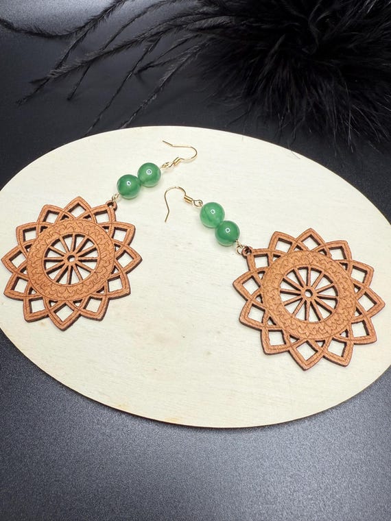 Green Beaded Wood Starburst Earrings, Wood Starburst Earrings, Urban Jewelry, Wood Earrings, Gift For Her
