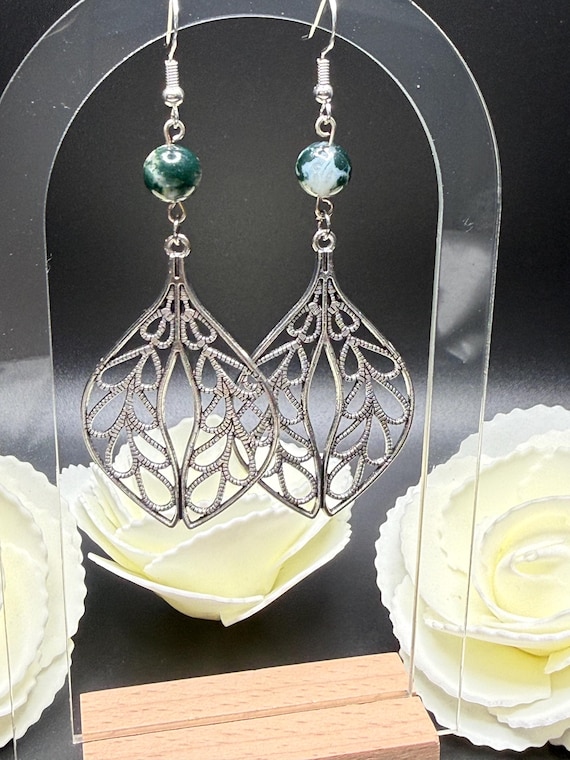 Antique Silver Open Leaf Pendant Earrings with Green and White Stone Bead