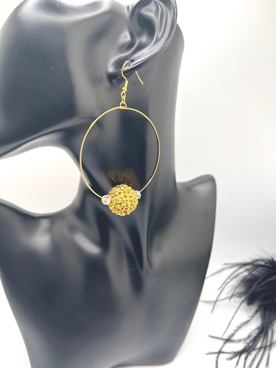 Gold Ball and Clear Crystal Beads Hoops, Modern Boho Earrings, Large Beaded Hoops, Prom Jewelry, Elegant Gift