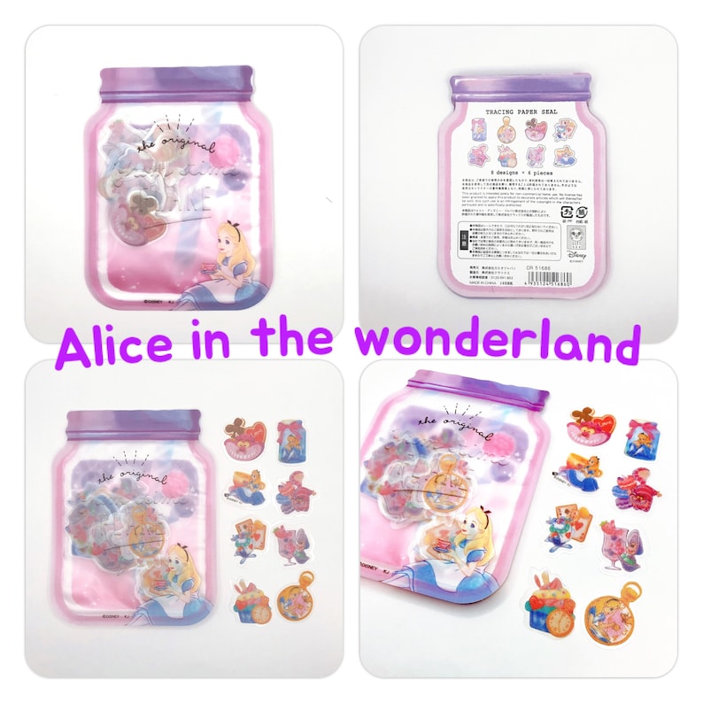 May include: A set of 8 tracing paper stickers featuring Alice in Wonderland characters. The stickers are packaged in a clear plastic jar with a pink and purple design. The jar has the text "the original" on it. The stickers feature Alice, the Mad Hatter, the Cheshire Cat, and other characters from the story.