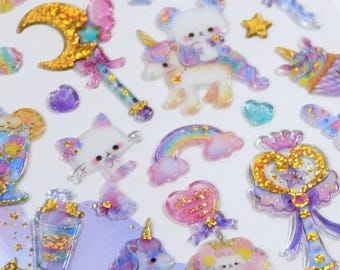 Q-lia Pop Seal Gel sticker, puffy sticker, 3d resin glitter sparkle sticker, bunny sticker, shiba sticker, magic wand unicorn sticker