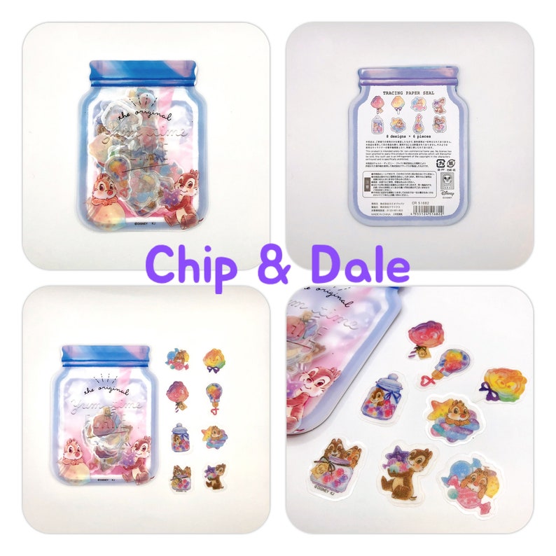 May include: A set of 8 tracing paper stickers featuring Chip and Dale from Disney's Chip 'n Dale Rescue Rangers. The stickers are in a clear plastic jar with a blue lid. The stickers feature Chip and Dale in various poses, including holding balloons, hearts, and a jar of candy. The stickers are perfect for adding a touch of Disney magic to your planner, journal, or scrapbook.