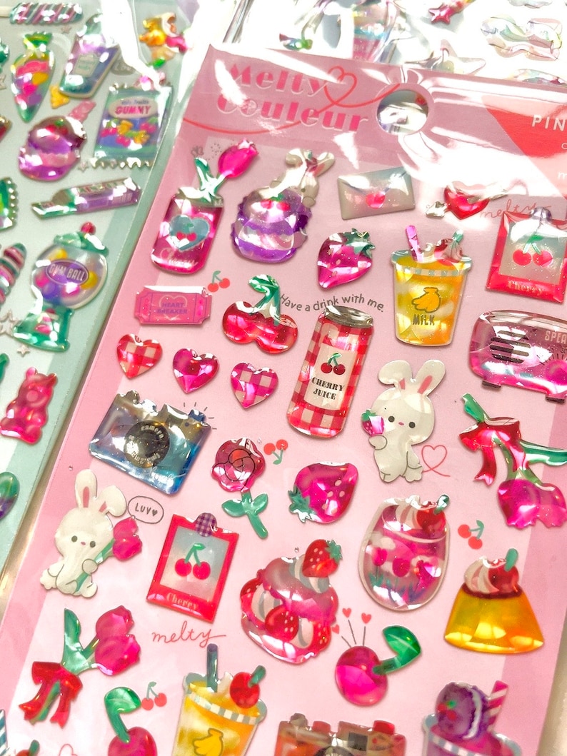 Pegatina Q-Lia Melty Couleur, pegatina holográfica 3D, pegatina de epoxi, pegatina coreana, pegatina de resina de PVC, pegatina de gel, pegatina brillante Pink Cherry Bunny