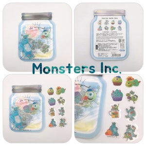 May include: A set of tracing paper stickers featuring characters from the movie Monsters Inc. The stickers are in a clear plastic jar with a blue lid. The stickers feature Mike Wazowski, Sulley, and other characters from the movie. The stickers are perfect for adding a touch of fun to your crafts and projects.